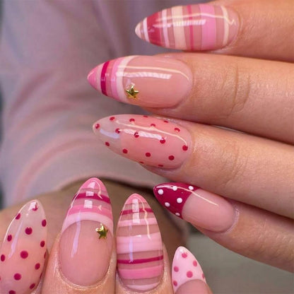 French Tip Press on Nails Short Almond Nude Fake Nails Press on with Polka Dot Design Stripe False Nails Glossy Full Cover Summer Nails for Women 24Pcs