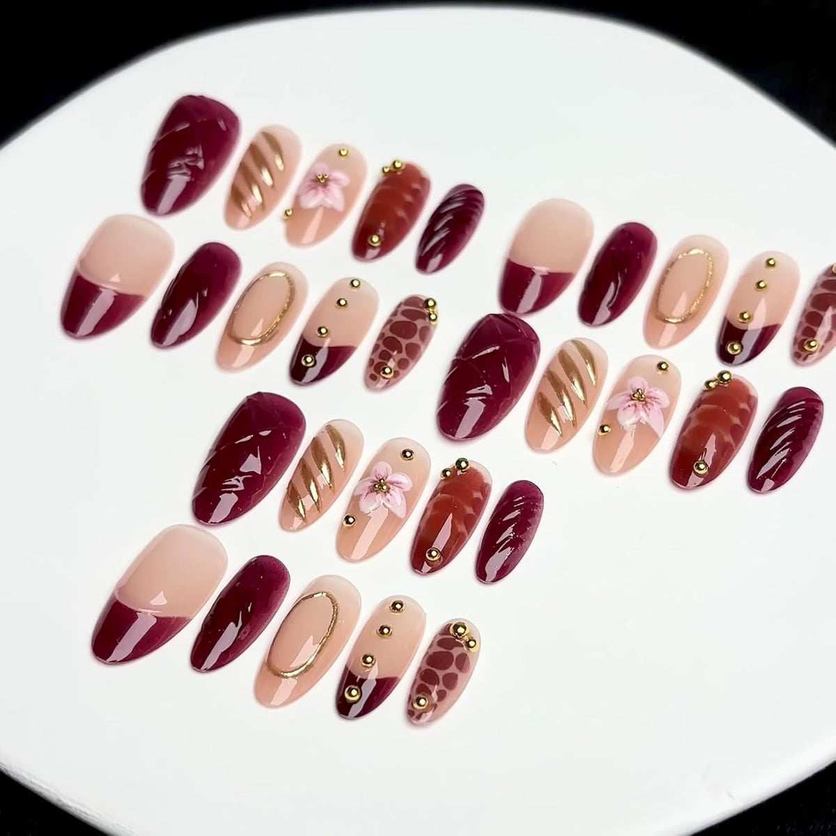 Fall Press on Nails Medium Almond French Tip, 30 Pcs Handmade 3D Flowers Gold Lines Embossed Designs, Glossy Nude Fake Nails, Reusable Glue On Nails, Full Cover Acrylic Nails for Women Brown