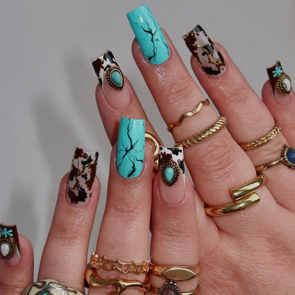 Long Square Press on Nails - Leopard Print French Tip Fake Nails Press ons with 3D Gold Pearl and Red Flower Designs, Glossy Reusable Autumn Winter Stick on False Nails for Women 24PCS