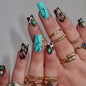 Long Square Press on Nails - Leopard Print French Tip Fake Nails Press ons with 3D Gold Pearl and Red Flower Designs, Glossy Reusable Autumn Winter Stick on False Nails for Women 24PCS