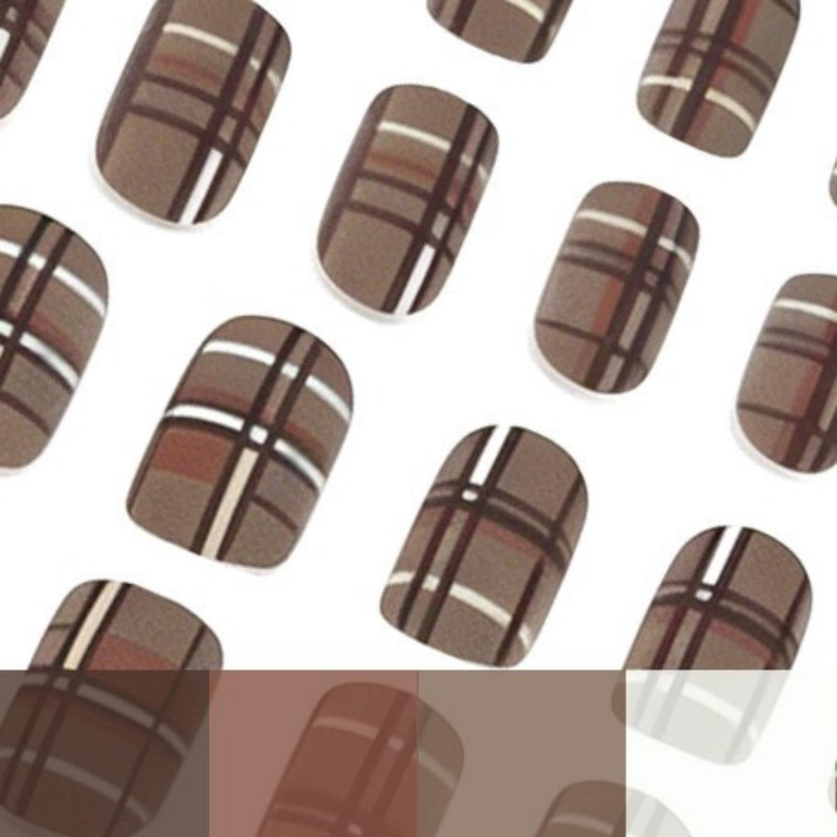 24Pcs Fall Press on Nails Short Square Fake Nails with Plaid Design Matte Khaki Artificial Nails Reusable Acrylic Nail Full Cover for Women and Girls Nail Decorations