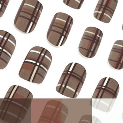 24Pcs Fall Press on Nails Short Square Fake Nails with Plaid Design Matte Khaki Artificial Nails Reusable Acrylic Nail Full Cover for Women and Girls Nail Decorations