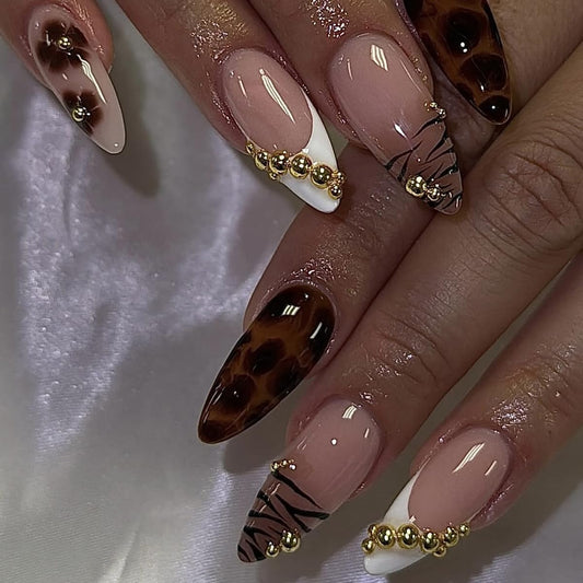 Press on Nails Medium Almond Fake Nails Press ons French Tip Acrylic Nail Kit Glue on Nails Full Cover False Nail Leopard Print Flower Gold Beads Stick on Nail for Women Manicure 24Pcs