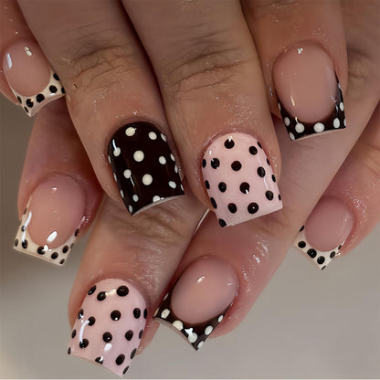 Purple Press On Nails Short Square Black Flowers Line Design Rhinestones
