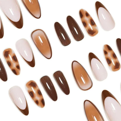 Almond Press on Nails Medium French Tip Fall Fake Nails with Brown Leopard Design Acrylic Nails Glossy False Nails Press ons Full Cover Glue on Nails for Women Manicure 24Pcs