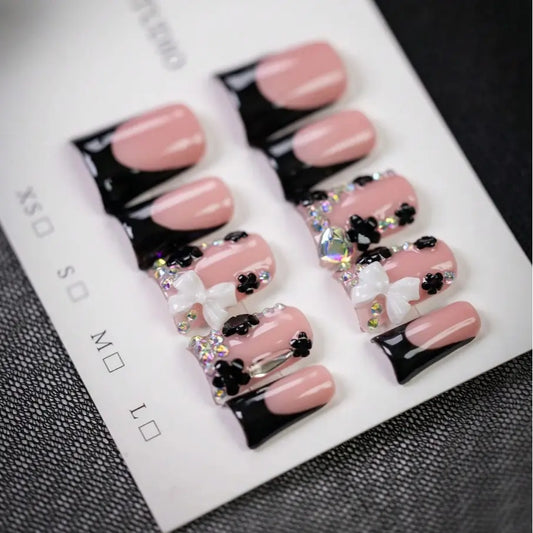 10pcs Y2K Style Kawaii Nails White Bow Short Duck Nails, Handmade Black Edged French Tips Press-On Nails, False Nails With Bow, Rhinestone Accents, For Daily, School, Or Office, Great Gift For Women And Girls