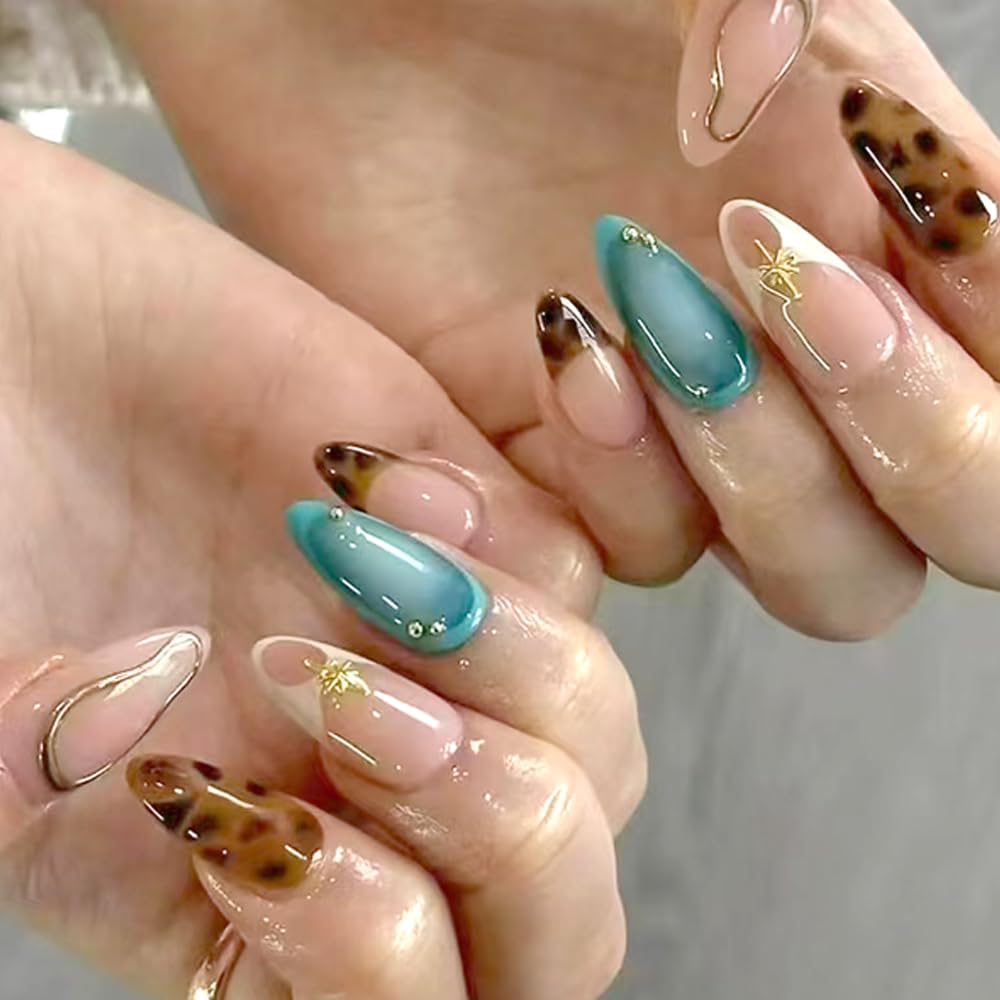 Spring Fake Acrylic Press On Nails – Starry Sky Designer False Nails Medium Almond, Salon Quality, Glossy Reusable Stick-On Nails for Weddings, Outdoor Picnics & Parties | Gift for Women
