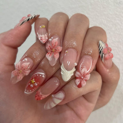 Spring Fake Acrylic Press On Nails – Starry Sky Designer False Nails Medium Almond, Salon Quality, Glossy Reusable Stick-On Nails for Weddings, Outdoor Picnics & Parties | Gift for Women