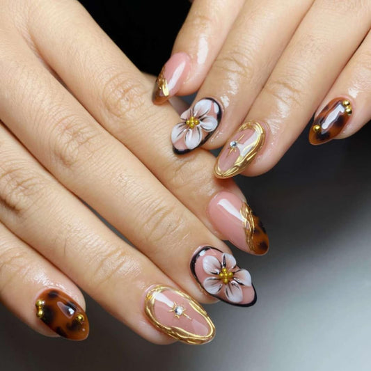 Short Almond Press On Nails - Fall Brown Tortoise & Gold Accent