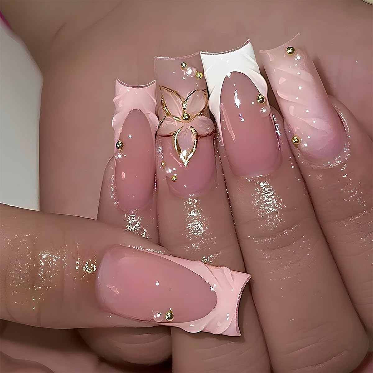 French Tip Press on Nails Short Almond Nude Fake Nails Press on with Polka Dot Design Stripe False Nails Glossy Full Cover Summer Nails for Women 24Pcs