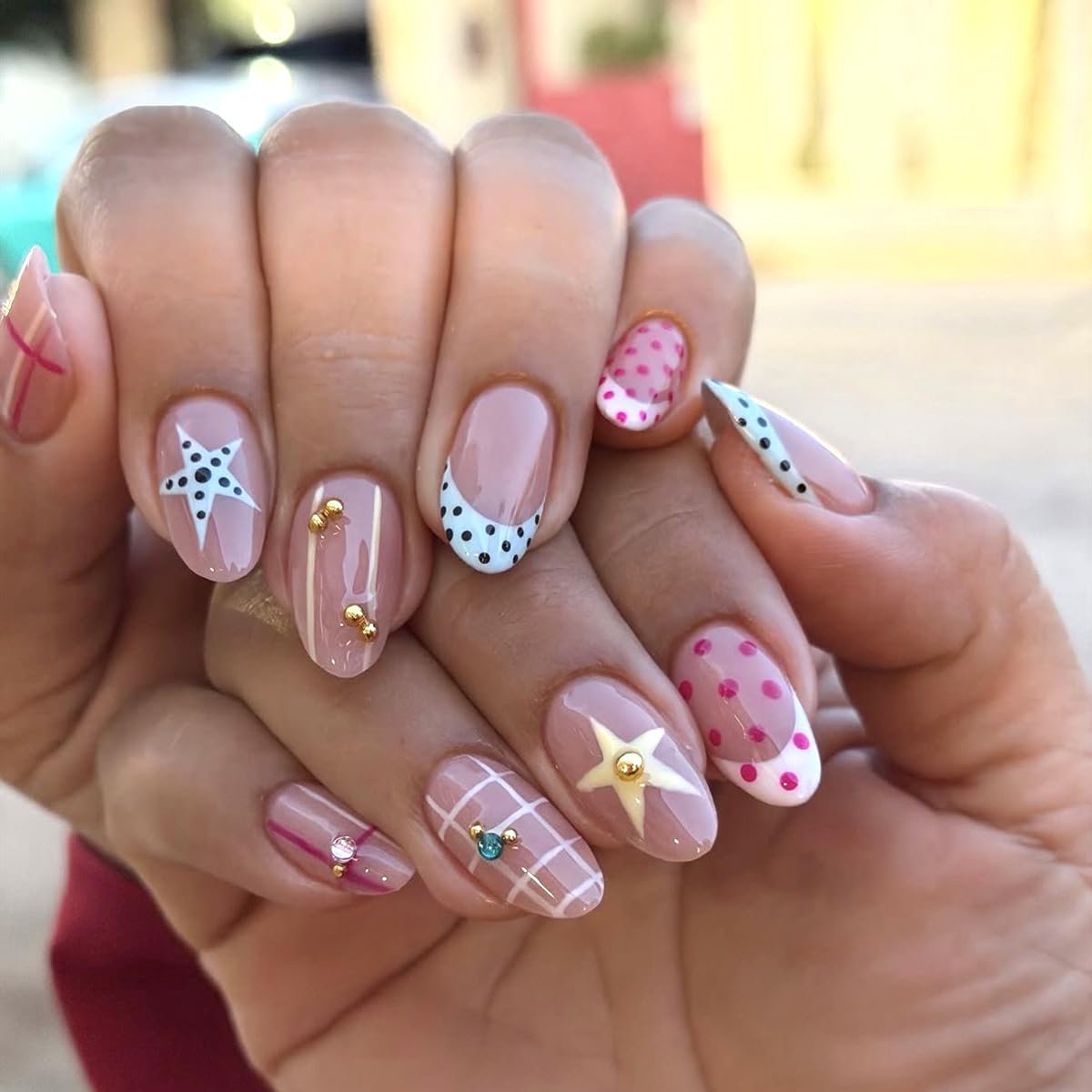 Medium Almond Press On Nails - Polka Dot & Cherry