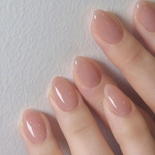 Short Almond Press on Nails Jelly Nude French Tip Fake Nails with Sheer Solid Color Design Natural Pink Glossy Glue on Nail Reusable Full Cover Acrylic False Nails for Women 24Pcs