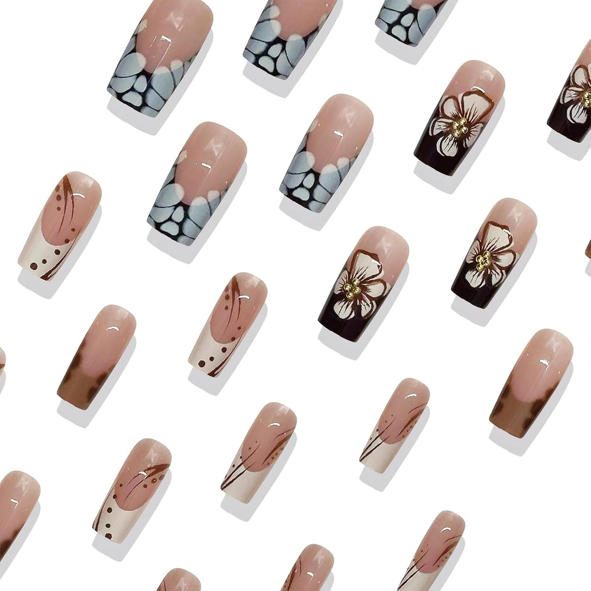 French Tip Press on Nails Medium Square Fake Nails Glossy Autumn Brown Leopard Print Coffin False Nails Cute White Flowers with Gold Bead Designs Reusable Floral Glue on Nails for Women 24Pcs