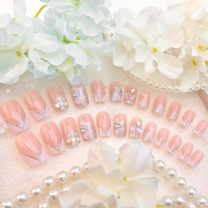 24pcs Short Square Press on Nails French Tip Fake Nails White Flower with Star Design Glitter False Nails Luxury Nail Charms Crafts White Stripes Glue on Nails for Women Manicure Tips