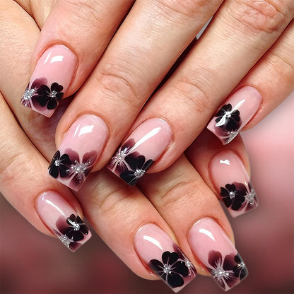 French Tip Press on Nails Short Almond Nude Fake Nails Press on with Polka Dot Design Stripe False Nails Glossy Full Cover Summer Nails for Women 24Pcs