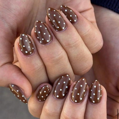 Almond Press on Nails Medium French Tip Fall Fake Nails with Brown Leopard Design Acrylic Nails Glossy False Nails Press ons Full Cover Glue on Nails for Women Manicure 24Pcs