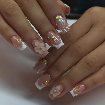 French Tip Press on Nails Medium Almond Fake Nails Brown Fall Nails Press Ons Brown Flower False Nails with Gold Rhinestones Design Glossy Glue on Nail Acrylic Stick on Nail for Women Set 24Pcs