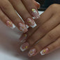 French Tip Press on Nails Medium Almond Fake Nails Brown Fall Nails Press Ons Brown Flower False Nails with Gold Rhinestones Design Glossy Glue on Nail Acrylic Stick on Nail for Women Set 24Pcs