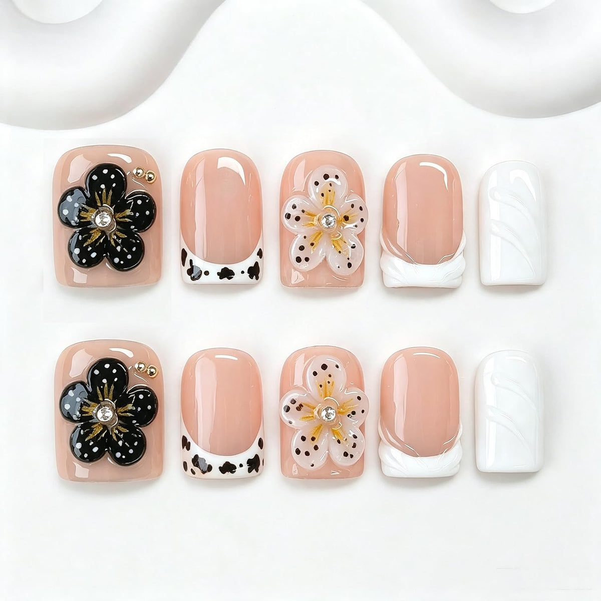 Handmade Press on Nails Short Almond Nude Polka Dot Glossy Reusable Fake Nails, Minimalist Beige Acrylic Press on Nails with White Dot Design for Women Girls 10 PCS(M)