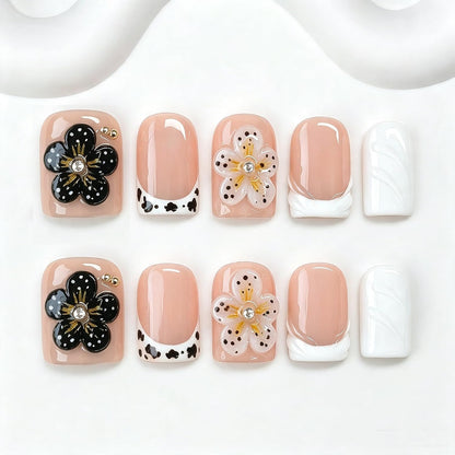 Handmade Press on Nails Short Almond Nude Polka Dot Glossy Reusable Fake Nails, Minimalist Beige Acrylic Press on Nails with White Dot Design for Women Girls 10 PCS(M)