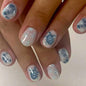 Purple Press On Nails Short Square Black Flowers Line Design Rhinestones