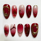 30Pcs Pink Flower Press on Nails Medium Almond Fake Nails Peach Blossom with 3D Rhinestones Pearl Gold Glitter Design Artificial Cute Cat Nails Stick on Nails Spring False Nails for Women Acrylic Nail