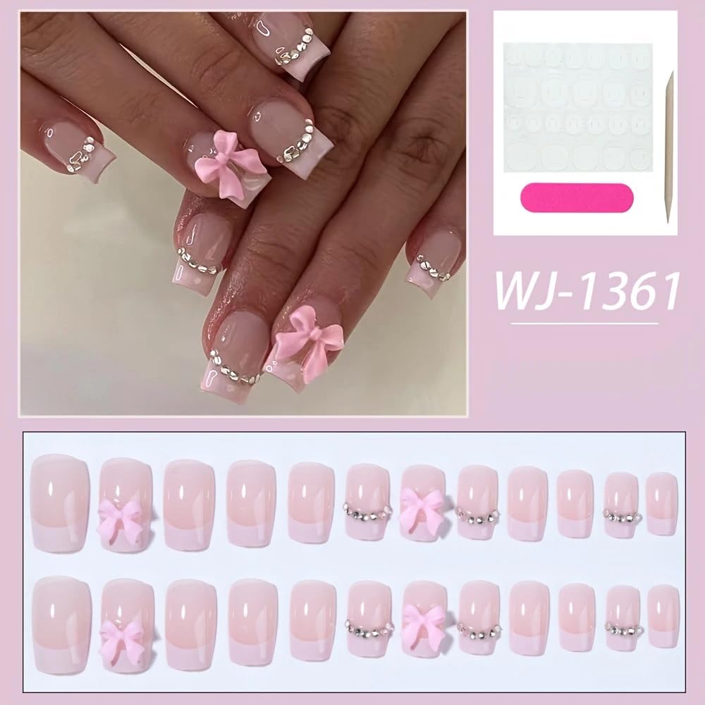 24Pcs Square Press on Nails Medium Length Fake Nails with Rhinestone Designs Bow Pink French Tip False Nails Cute Full Cover Reusable Stick on Nails for Women Girls Manicure Kit