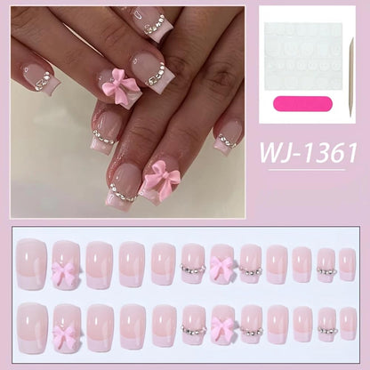 24Pcs Square Press on Nails Medium Length Fake Nails with Rhinestone Designs Bow Pink French Tip False Nails Cute Full Cover Reusable Stick on Nails for Women Girls Manicure Kit