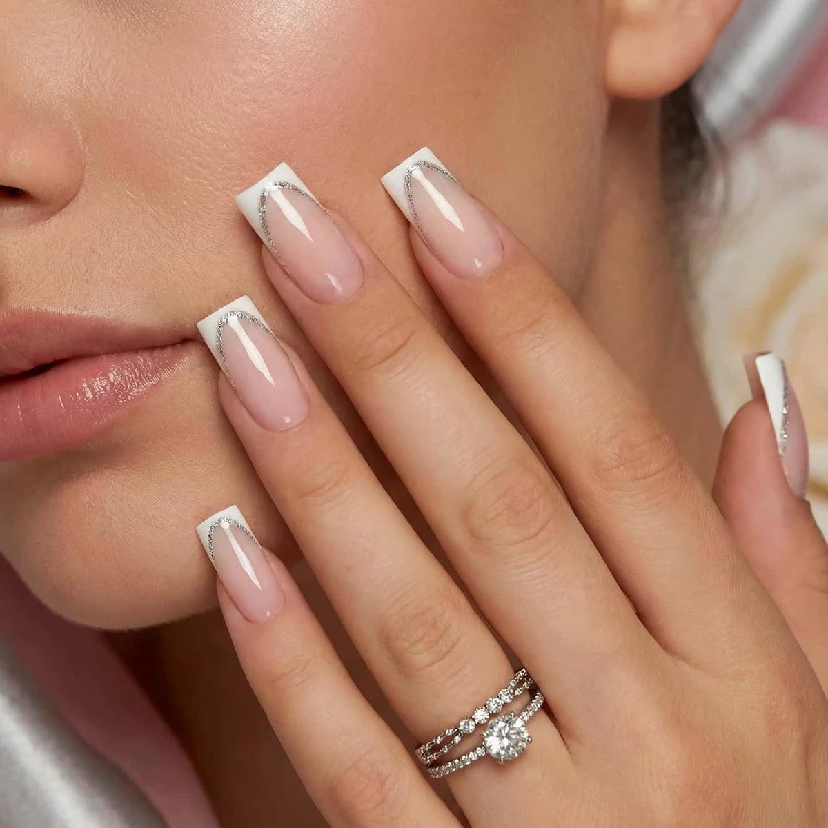 24PCS French Tip Press On Nails, Glossy Nude Square, Silver Edge