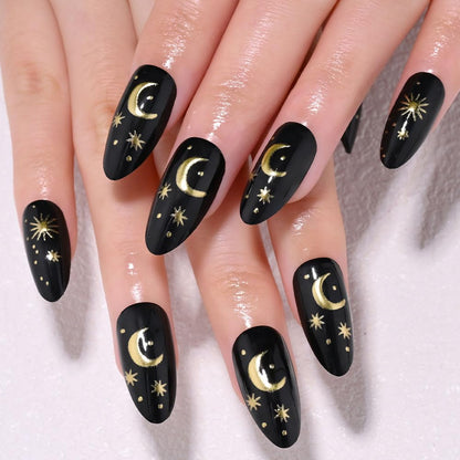 Spring Fake Acrylic Press On Nails – Starry Sky Designer False Nails Medium Almond, Salon Quality, Glossy Reusable Stick-On Nails for Weddings, Outdoor Picnics & Parties | Gift for Women