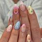French Tip Press on Nails Short Almond Nude Fake Nails Press on with Polka Dot Design Stripe False Nails Glossy Full Cover Summer Nails for Women 24Pcs