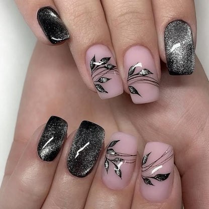 CTTHNBD Press on Nails Square, Medium, Black French Tip Fake Nails