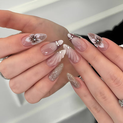 French Tip Press on Nails Medium Almond Fake Nails Brown Fall Nails Press Ons Brown Flower False Nails with Gold Rhinestones Design Glossy Glue on Nail Acrylic Stick on Nail for Women Set 24Pcs
