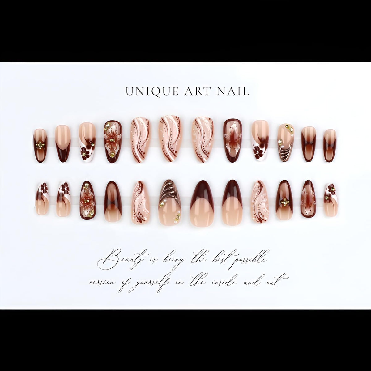 French Tip Press on Nails Medium Almond Fake Nails Brown Fall Nails Press Ons Brown Flower False Nails with Gold Rhinestones Design Glossy Glue on Nail Acrylic Stick on Nail for Women Set 24Pcs