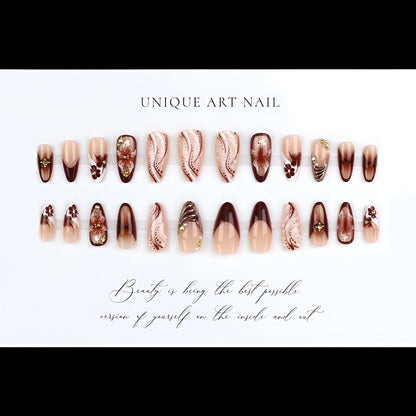 French Tip Press on Nails Medium Almond Fake Nails Brown Fall Nails Press Ons Brown Flower False Nails with Gold Rhinestones Design Glossy Glue on Nail Acrylic Stick on Nail for Women Set 24Pcs