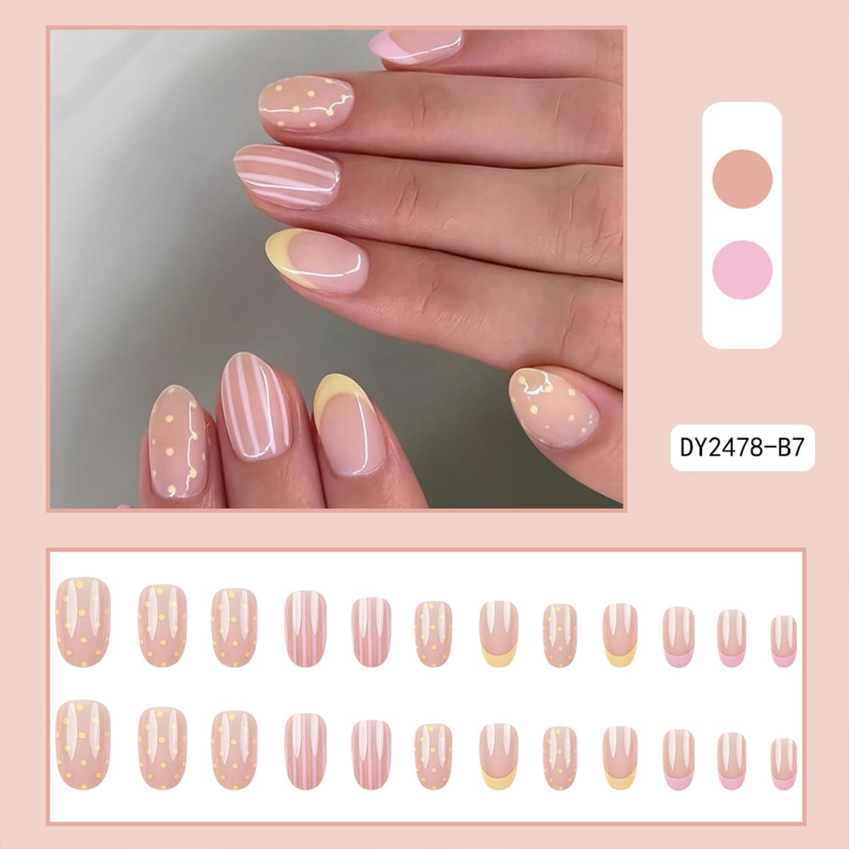 French Tip Press on Nails Short Almond Nude Fake Nails Press on with Polka Dot Design Stripe False Nails Glossy Full Cover Summer Nails for Women 24Pcs
