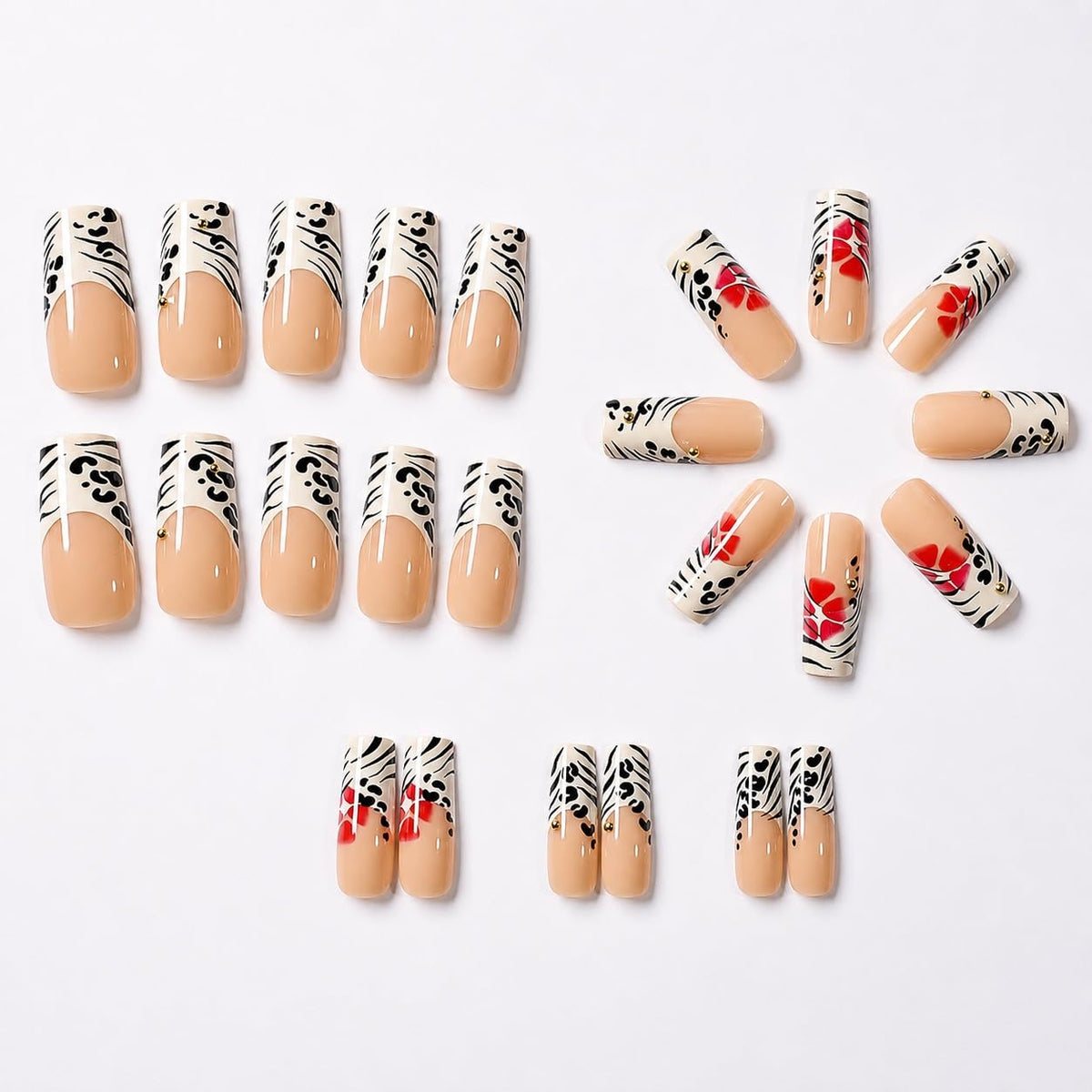 Long Square Press on Nails - Leopard Print French Tip Fake Nails Press ons with 3D Gold Pearl and Red Flower Designs, Glossy Reusable Autumn Winter Stick on False Nails for Women 24PCS
