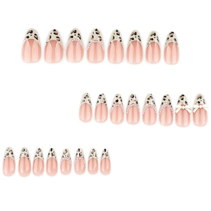 Medium Press On Nails Almond Fake Nails French Tip Nails Press Ons With Leopard Print Designs 3D Bow False Nails Artificial Acrylic Glue On Nail Glossy Stick On Nail For Women Girls