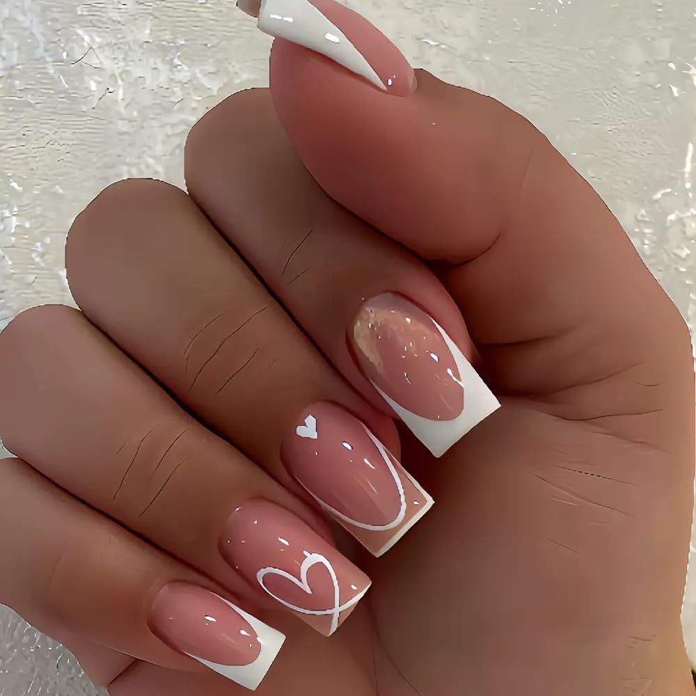 CTTHNBD Press on Nails Square, Medium, Black French Tip Fake Nails