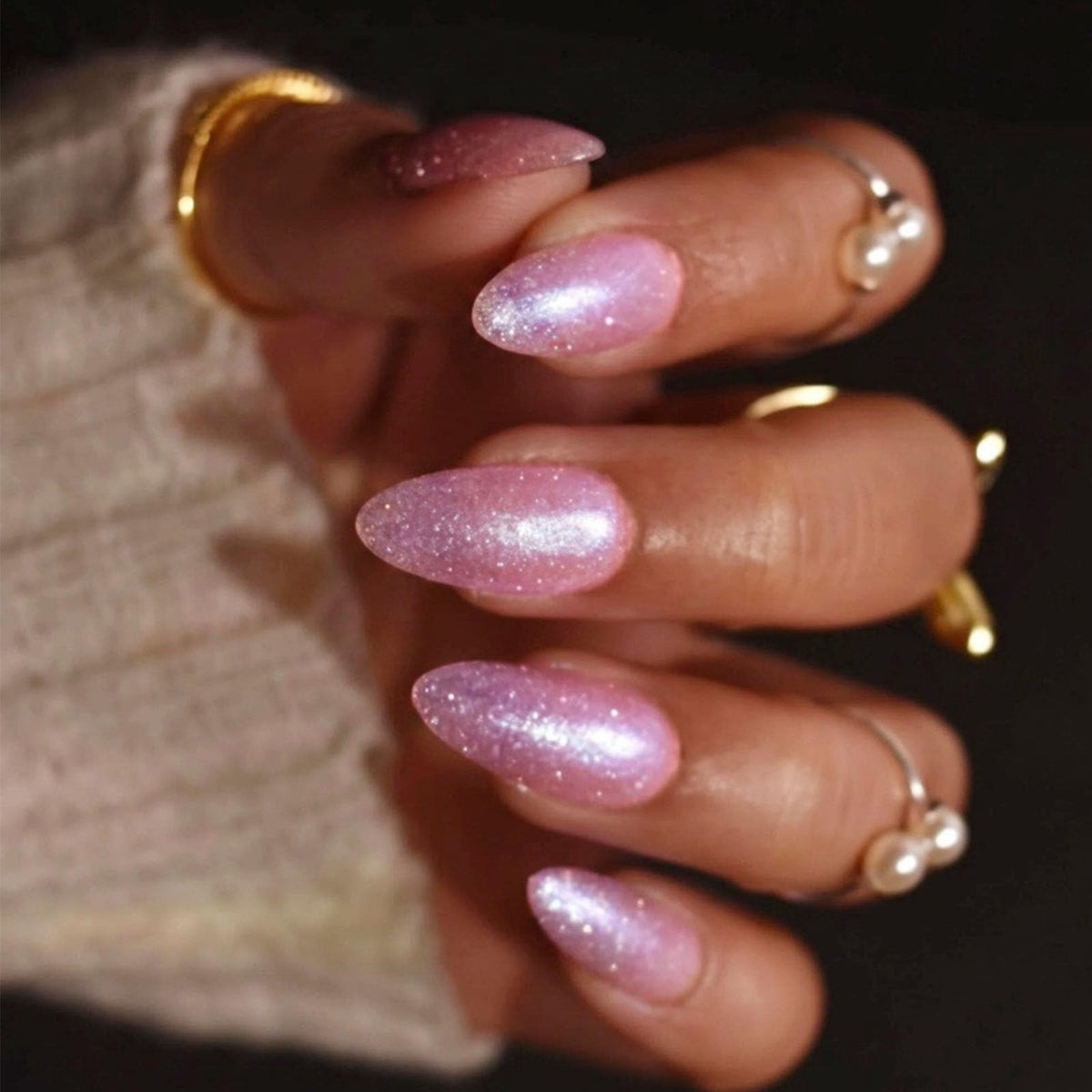 French Tip Press on Nails Almond Medium Fake Nails with Cat Eye Stars Designs Nails Press ons Gold Nude Glue on Nails Natural Artificial Nails Cute Stick on Nails for Women 24Pcs