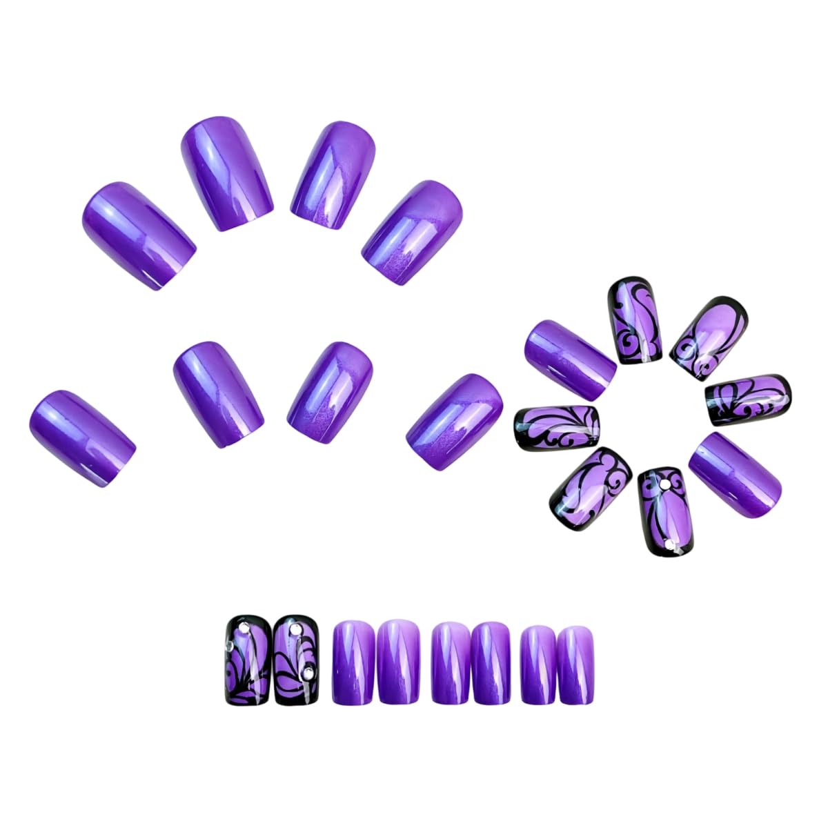 Purple Press On Nails Short Square Black Flowers Line Design Rhinestones