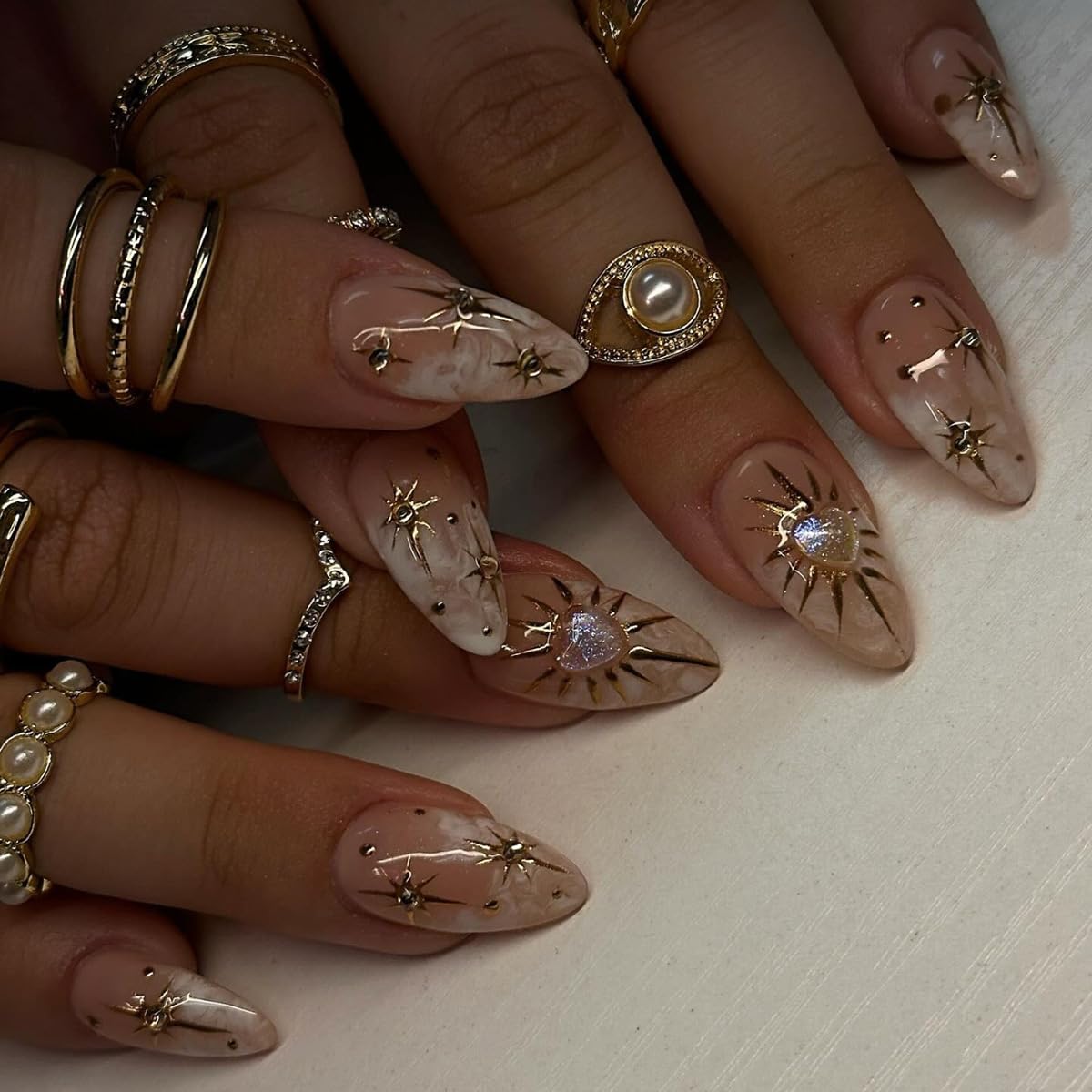 Spring Fake Acrylic Press On Nails – Starry Sky Designer False Nails Medium Almond, Salon Quality, Glossy Reusable Stick-On Nails for Weddings, Outdoor Picnics & Parties | Gift for Women