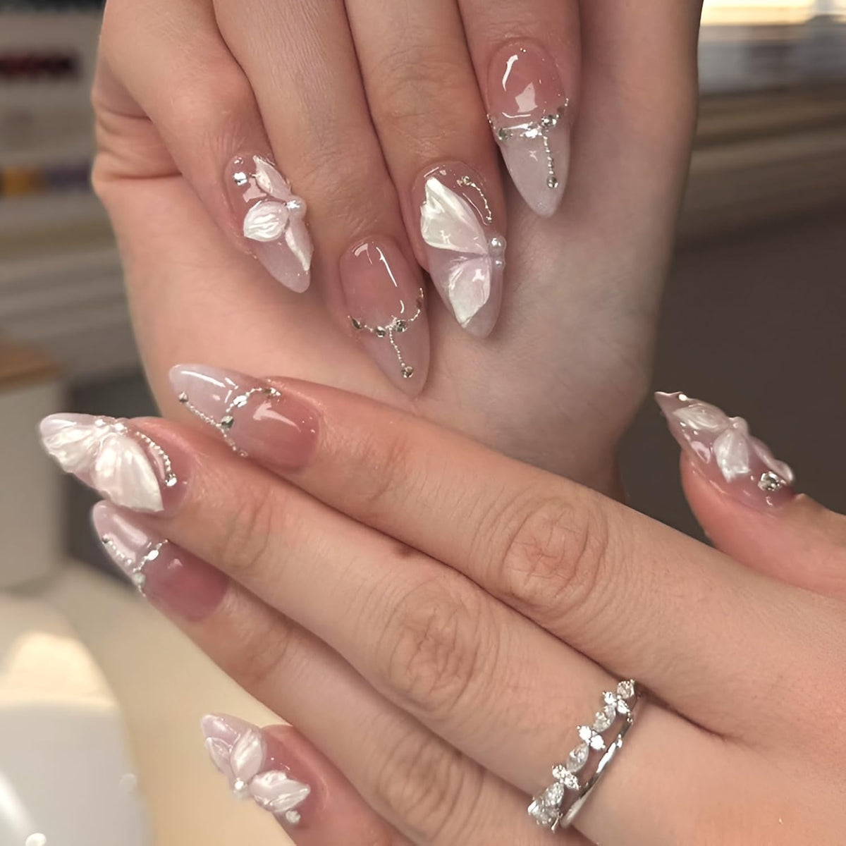 French Tip Press on Nails Medium Almond Fake Nails Brown Fall Nails Press Ons Brown Flower False Nails with Gold Rhinestones Design Glossy Glue on Nail Acrylic Stick on Nail for Women Set 24Pcs