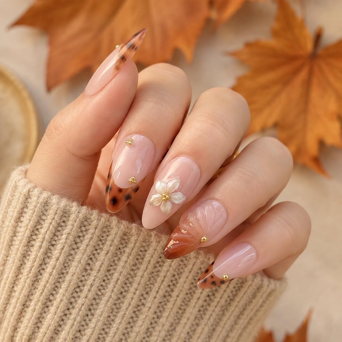 Fall Press on Nails Medium Almond, French Tip & Leopard Print