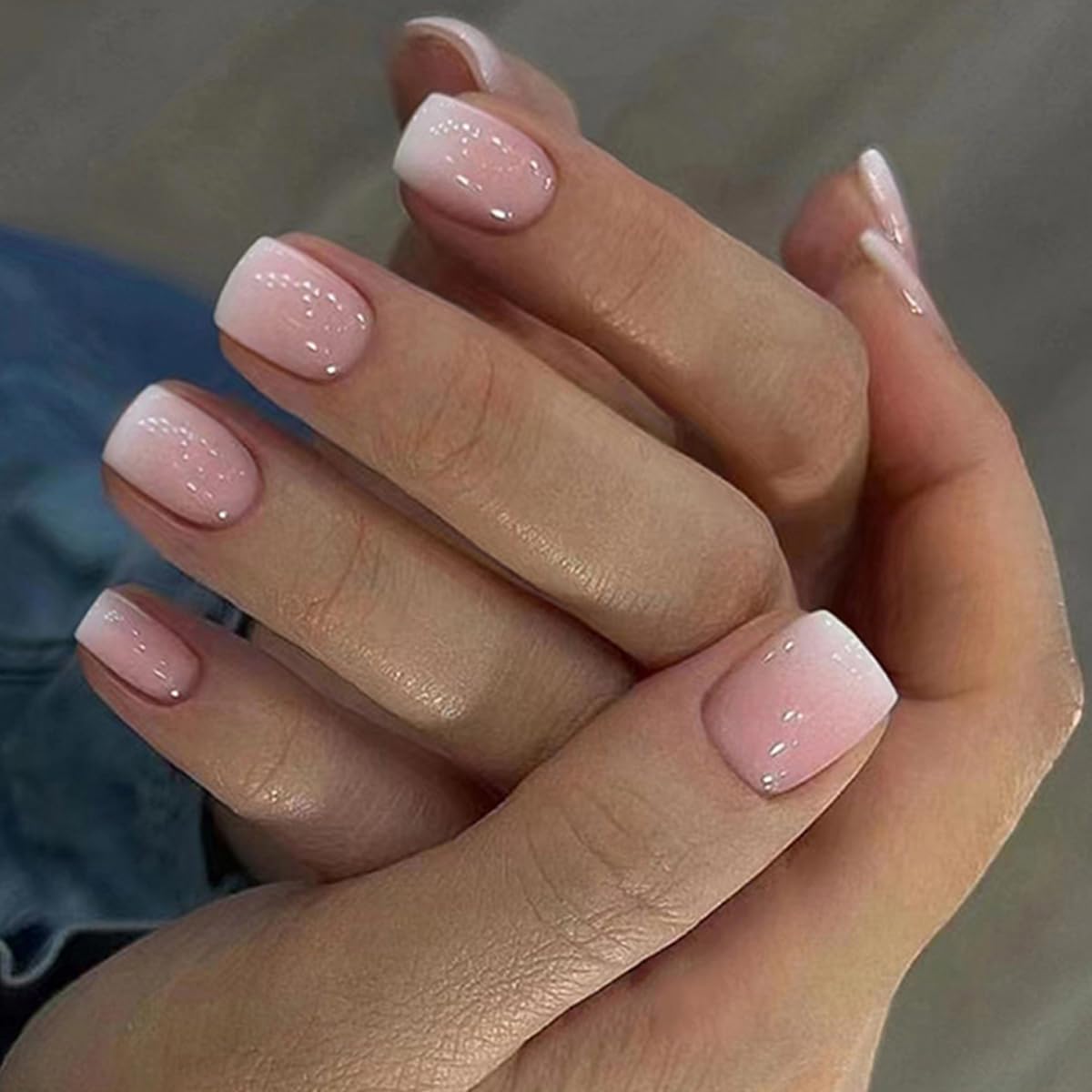 24 Pcs Nude Pink Press on Nails Short Square - YEFIUO Cute Fake Nails Press ons Glossy Nail Tips Full Cover False Nails with Ombre Designs Glue on Nails Kit Acrylic Set Festival Nail Art DIY for Women