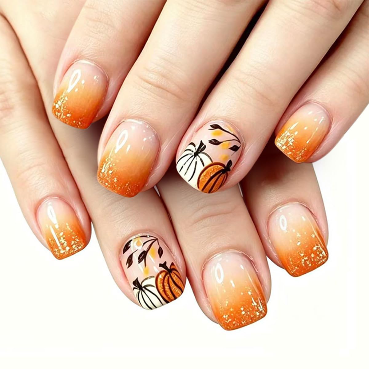 French Tip Press on Nails Short Almond Nude Fake Nails Press on with Polka Dot Design Stripe False Nails Glossy Full Cover Summer Nails for Women 24Pcs