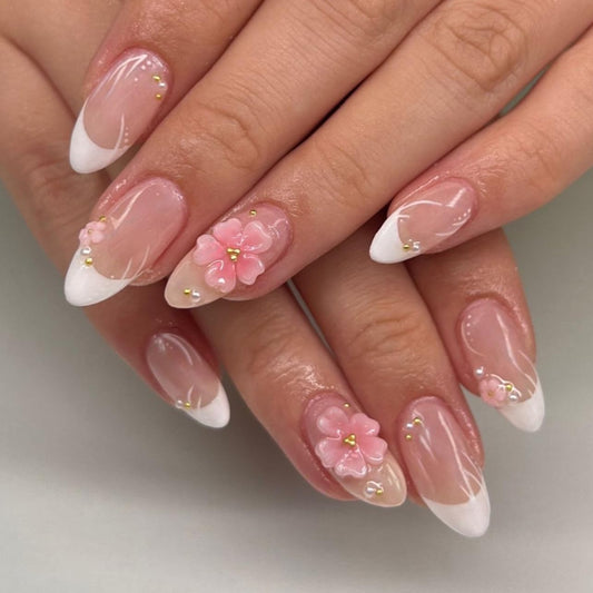 White French Flower Press On Nails Almond Medium Length，Spring Summer 3D Floral Pearl Designer Fake Nails, Reusable Acrylic False Nail for Women Girls, Gift Kit (No Glue Included)