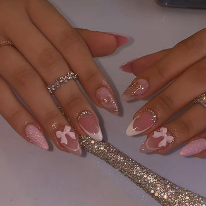 24Pcs Square Press on Nails Medium Length Fake Nails with Rhinestone Designs Bow Pink French Tip False Nails Cute Full Cover Reusable Stick on Nails for Women Girls Manicure Kit