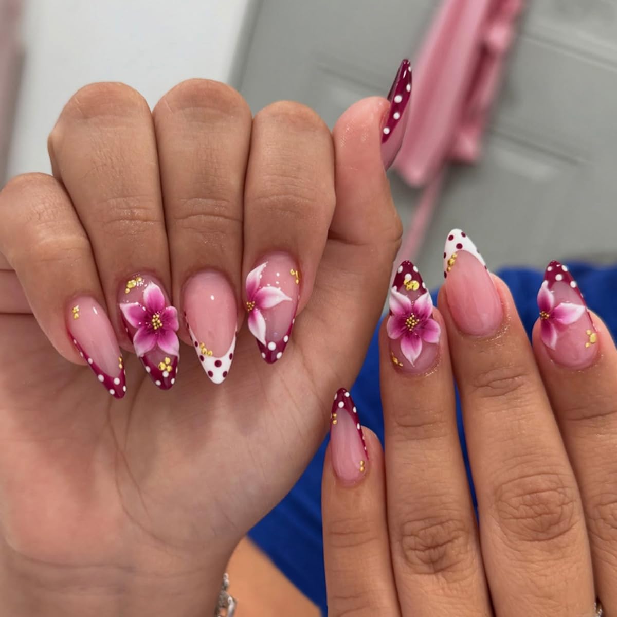 Medium Almond Press On Nails - Polka Dot & Cherry