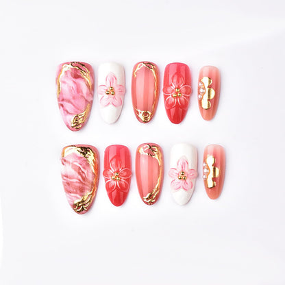 30Pcs Pink Press on Nails Medium Almond Fake Nails with 3D Flowers Pearl Designs Gold Flower False Nails Pink Gradient Acrylic Nail Tips Peach Blossoms Full Cover Stick on Nails for Women